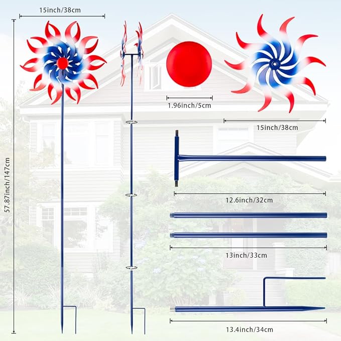 Wind Spinners Outdoor, 15 Inch Dia Metal Wind Sculpture & Spinner, Red White Blue Patriotic Kinetic Windmill for Garden Yard, 4th of July Independence Day Decor, 58" Tall