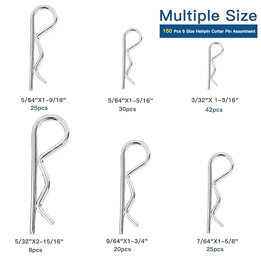 Boatsea Cotter Pin Assortment Kit, 150PCS 6 Sizes Hair Pin R Clips Assortment Kit, Zinc Plated Spring Steel Hairpin R Clips, Retaining Hair Pin for use on Hitch Pin Lock System