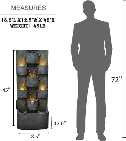 Outdoor Water Fountain Garden - Waterfall Large Water Feature Fountains with LED Lights & Pump, Concrete Artistry for Patio Yard Pool Home Decor, (45 inches Tall, Gray)