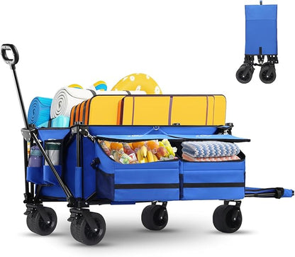 Beach Wagon with Big Wheels for Sand,260L Expandable Storage,Heavy Duty Foldable Beach Cart with 460lbs Capacity,Collapsible Utility Wagon with All-Terrain Wheels for Camping,Sports(Blue)