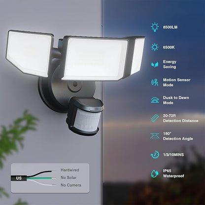 85W LED Security Lights Motion Sensor Light Outdoor, 8500LM Dusk to Dawn, IP65 Waterproof, 6500K, 3 Head Motion Detected Flood Light, Floodlight for Outside, Garage, Yard, Porch (Black)