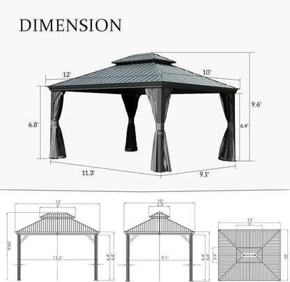 Domi 10'x12' Hardtop Gazebo Canopy,Outdoor Aluminum Gazebo with Galvanized Steel Double Roof,Curtain and Netting Included,Grey
