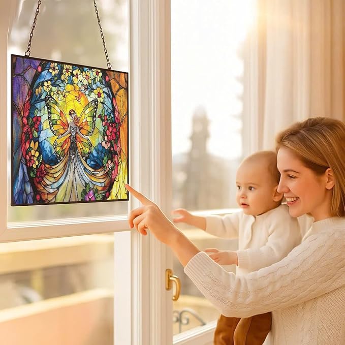 Personalized Rectangle Butterfly Fairy Stained Glass Suncatcher Stained Glass Window Hanging Home Decor Garden Halloween Christmas Wedding Housewarming Gifts