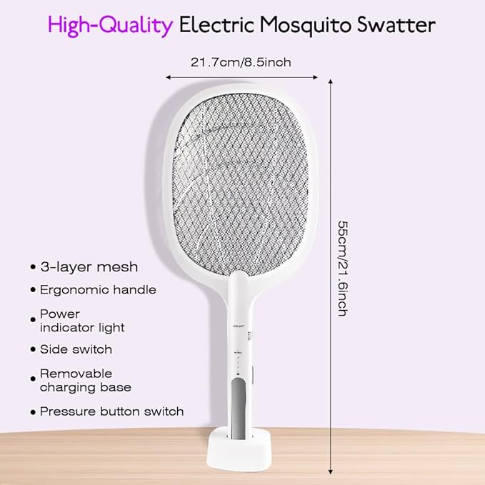 Electric Fly Swatter Indoor & Outdoor 3000V Bug Zapper Racket Dual Modes Mosquito Killer with Purple Mosquito Light Rechargeable Fly Zapper for Indoor Home Office Backyard Patio Camping