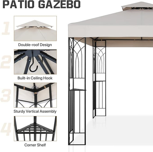 COOS BAY 8x8 Outdoor Patio Gazebo with Corner Shelves, Two-Tier Soft Top Canopy for Backyard, Lawn, Deck and Garden, Beige