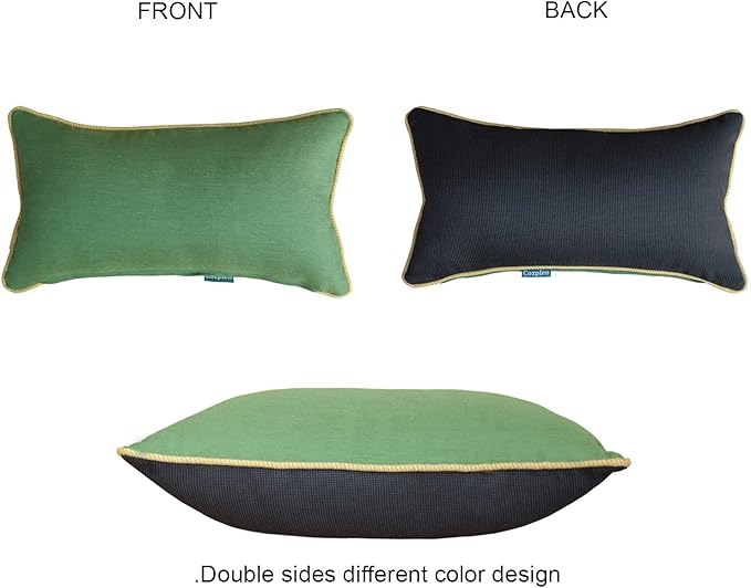 Rectangle Outdoor Lumbar Pillows,10x18 inches Waterproof Patio Pillows, Decorative Waist Pillows for Outdoor Furnitures, Set of 2, (Black and Green)