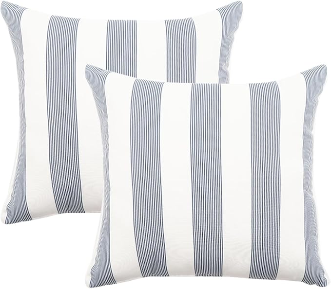 2 Pack Outdoor Throw Pillows 26x26 Inch Water-Resistant Decorative Pillow Cushions with Insert for Patio Garden Porch, Blue Stripe