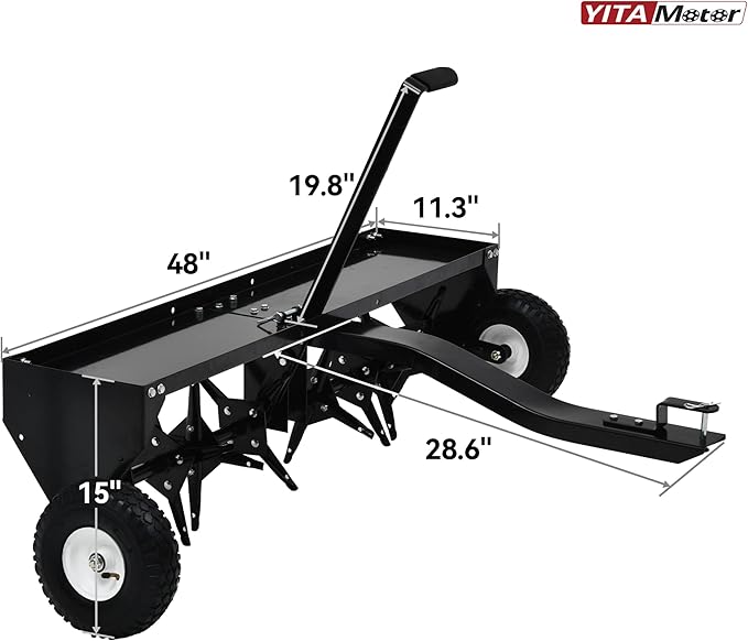 YITAMOTOR 48" Tow Plug Lawn Aerator with Universal Hitch,Black Painted Galvanized Steel with Tray and Inflatable Wheels, Lawn Aerator Tow Behind for Garden, Farm and Lawn