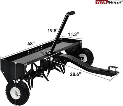 YITAMOTOR 48" Tow Plug Lawn Aerator with Universal Hitch,Black Painted Galvanized Steel with Tray and Inflatable Wheels, Lawn Aerator Tow Behind for Garden, Farm and Lawn