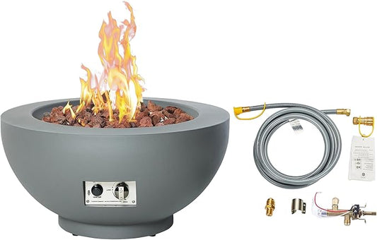 28-Inch Propane Fire Pit with Natural Gas Conversion Kit, 58,000 BTU Round Gas Fire Pit Table, Outdoor Fire Bowl Firepit with Lid, Lava Rocks, Cover, Pre-Attached 10FT Propane Hose, Gray