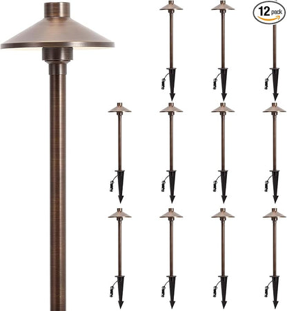 Gardencoin Solid Brass Low Voltage Pathway Lights (6.7'' Shade, 21.9'' Tall), 12V AC/DC Heavy Duty LED Landscape Path Lights Outdoor Wired, Antique Bronze Walkway Lights with Larger Stake, 12-Pack
