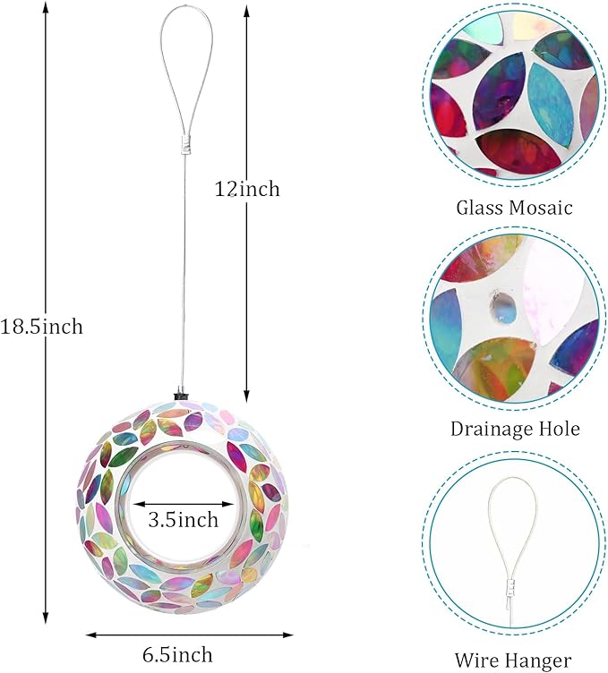 Yinns Bird Feeder - Mosaic Glass Birds Feeder Outside Hanging, Fly Through Bird Feeder with Oval Stained Glass, Outdoor Garden Decor, 6.5 inch Colorful