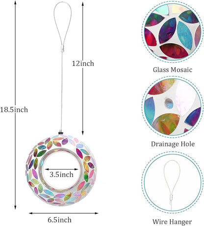 Yinns Bird Feeder - Mosaic Glass Birds Feeder Outside Hanging, Fly Through Bird Feeder with Oval Stained Glass, Outdoor Garden Decor, 6.5 inch Colorful