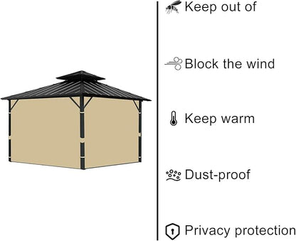 Gazebo Universal Replacement Privacy Curtain, 12'X12' Gazebo Curtains Outdoor Waterproof, 4-Panels Sidewall with Zipper for Patio, Garden and Backyard (Only Curtains, 12'X12', Khaki)