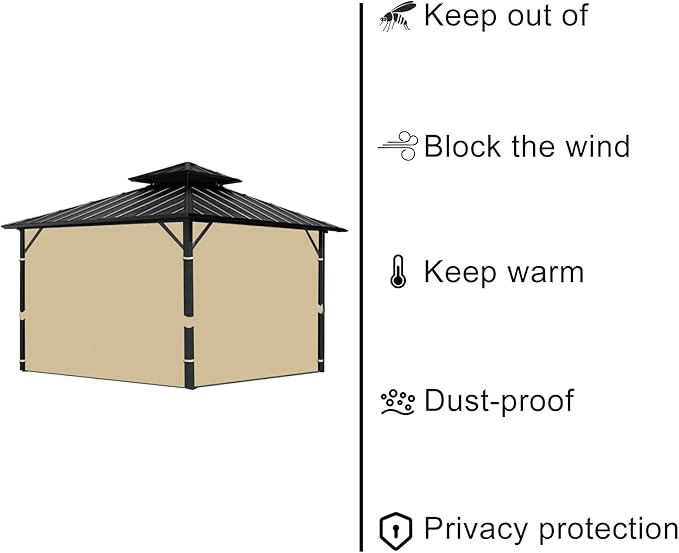 Gazebo Universal Replacement Privacy Curtain, 12'X14' Gazebo Curtains Outdoor Waterproof, 4-Panels Sidewall with Zipper for Patio, Garden and Backyard (Only Curtains, 12'X14', Khaki)