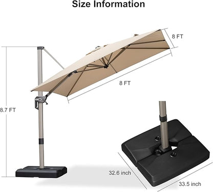 PURPLE LEAF Patio Umbrella with Base Included, 8ft Outdoor Aluminum Cantilever Umbrella with 360° Rotation, Champagne Offset Umbrella for Outdoor Garden Pool, Beige