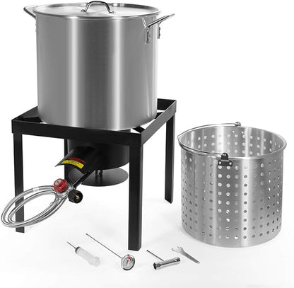 Barton 64 Quart X-Large Turkey Deep Fryer Steamer Burner BBQ Fair Clam Seafood Cajun Boiler Pot 64 Qt Capacity 100,000 High-Pressure Burner, 3PCS Set