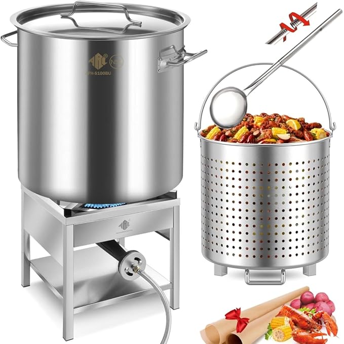 ARC 100QT Stainless Steel Seafood Boil Pot with 200,000BTU Propane Burner and 48" Large Spoon, w/Basket for Outdoor Deep Fryer, Large Cooking Pot for Turkey Fryer, Crab, Crawfish, Shrimp