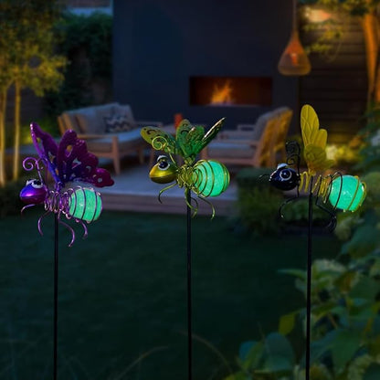 Garden Decor for Outside,3 Pcs Insect Garden Decorative Stakes,Glow in The Dark Bee Metal Yard Art,Waterproof Outdoor Spring Lawn Patio Pathway Decoration for Mom,Women,Grandma