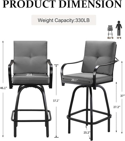 Patio Swivel Bar Stools, Outdoor High Back Swivel Bar Stool Chair Set of 2 with Cushion & All Weather Steel Frame, Dark Gray
