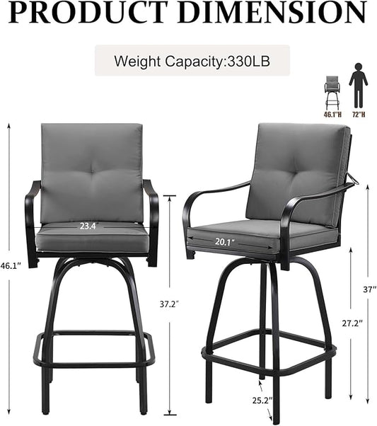 Patio Swivel Bar Stools, Outdoor High Back Swivel Bar Stool Chair Set of 2 with Cushion & All Weather Steel Frame, Dark Gray