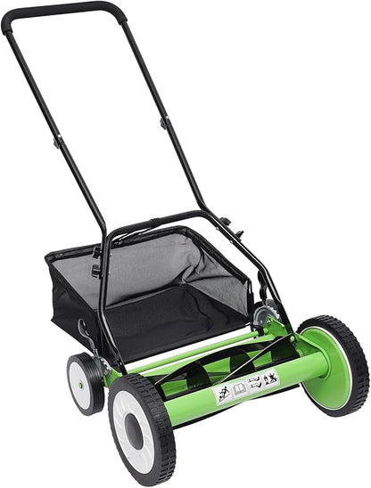 16 Inch 5-Blade Push Reel Lawn Mower, Cordless Manual Lawn Mower with Grass Catcher, Adjustable Cutting Height, Walk-Behind Lawn Mowers for Yard, Garden