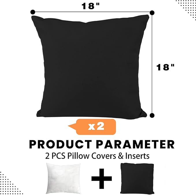 idee-home Outdoor Pillows with Inserts Included, Patio Outside Square Pillows Waterproof Set of 2, 18 x 18 inch Black