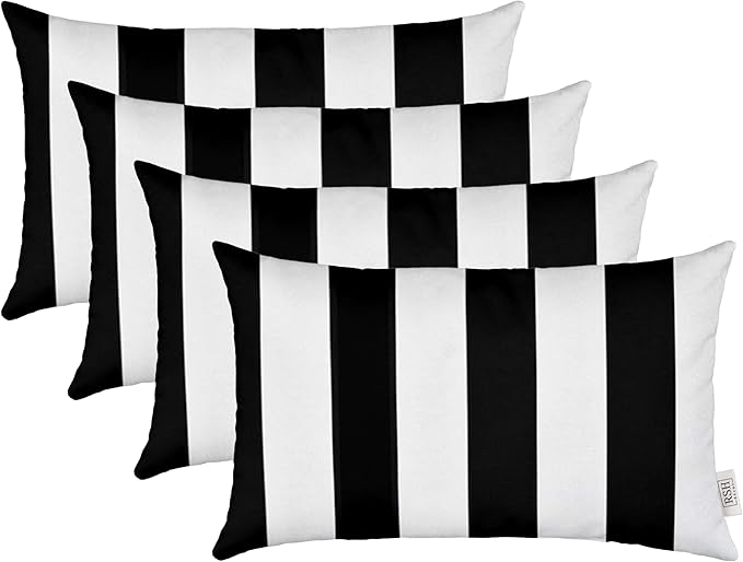 RSH Décor Jumbo Lumbar Pillow Covers – Set of 4 | 26" x 16" | for Outdoor Patio, Lounge, Adirondack, Deck | Water & Fade-Resistant | Black & White Stripe | Includes Down-Alternative Inserts