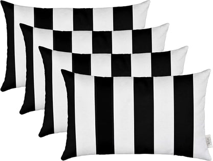 RSH DECOR: Lumbar Throw Pillows Set of 4 | 20” x 12" | All-Weather Spun Fabric | Water and Fade-Resistant | Outdoor Support Pillows for Patio Furniture | Black & White Stripe
