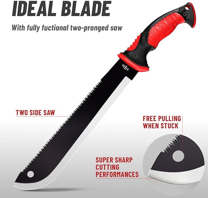 Machete with Saw - 19” Heavy Duty Tool & Sheath - Ergonomic No-Slip Handle - Survival Knife with Serrated Blade - Machetes for Bushcraft Hunting Garden Cutting Trees and Yard Work