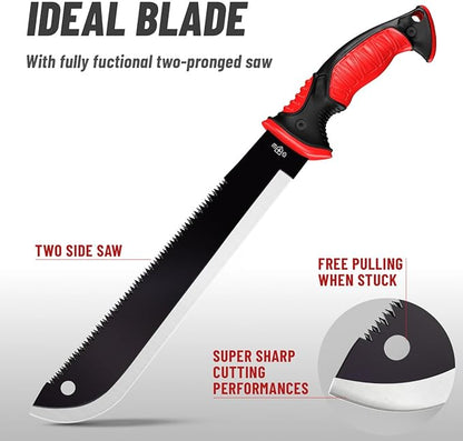 Machete with Saw - 19” Heavy Duty Tool & Sheath - Ergonomic No-Slip Handle - Survival Knife with Serrated Blade - Machetes for Bushcraft Hunting Garden Cutting Trees and Yard Work