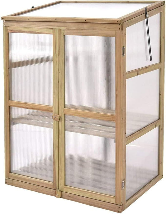 Moccha Greenhouse Wooden Cold Frame, Portable Garden Flower Planter with Removable Shelf and Hinges, Raised Cold Frame with Foldable Top and Side Doors for Outdoor, Porch, Backyard, Balcony
