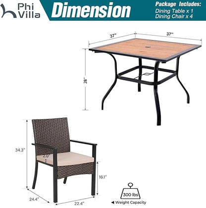 PHI VILLA 5 Piece Outdoor Dining Set for 4, 37" Wood Top Metal Dining Table & 4 Cushioned Rattan Wicker Chairs for Patio, Deck, Yard, Porch