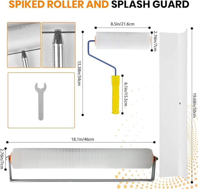 Complete Self Leveling Cement Tool Kit, Professional Epoxy Floor Kit Tools with Spiked Roller with Splash Guard, Spike Shoes, Paint Roller, Trowel, Scraper & Extension Pole