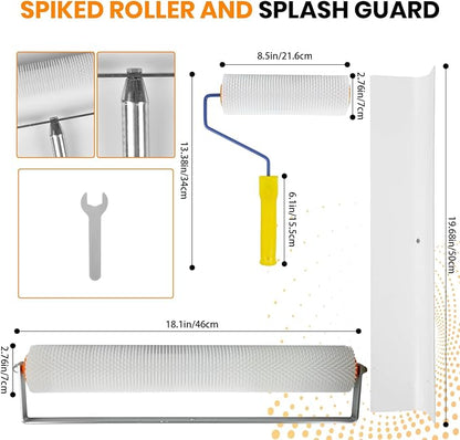Complete Self Leveling Cement Tool Kit, Professional Epoxy Floor Kit Tools with Spiked Roller with Splash Guard, Spike Shoes, Paint Roller, Trowel, Scraper & Extension Pole