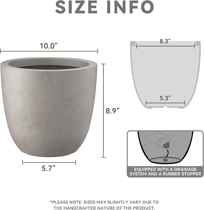 Kante 10 Inch Dia Round Concrete Planter, Indoor Outdoor Large Plant Pot with Drainage Hole and Rubber Plug for Home Patio Garden, Weathered Concrete