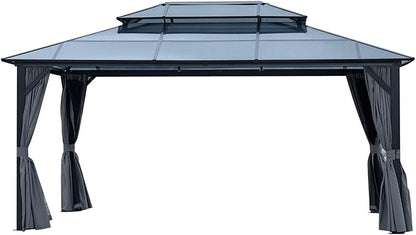 KEIKI 12 * 16FT Permanent Hardtop Gazebo with Netting and Curtains, Double Roof Waterproof Pergola Sunshade Pavilion for Outdoor Patio Lawn Backyard and Garden, Aluminum Frame Polycarbonate Canopy