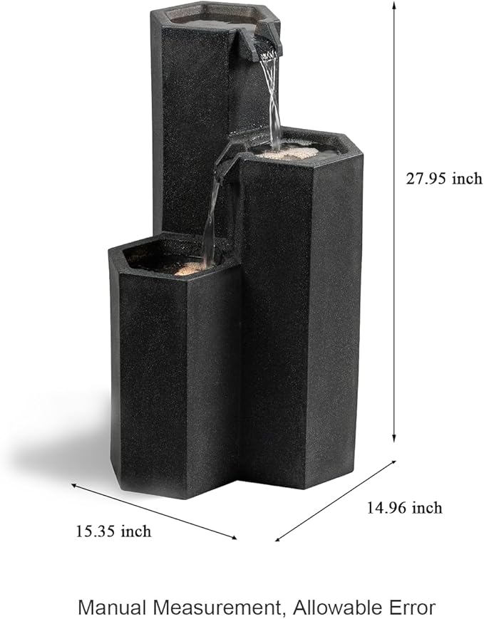 27.95" H Outdoor Water Fountain Made with Eco-Friendly Recyclable Materials, Polyethylene Cascading Waterfall Fountain, Garden Waterfall Decor with LED Light & Pump for Patio, Backyard