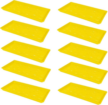 SUNPACK 10" x 20" Heavy Duty Shallow Plastic Seed Starting Tray, Yellow, 1" (Pack of 10) - Lined with Drainage Holes for Excess Water and Aeration, Ideal for Greenhouses or Indoor Gardening