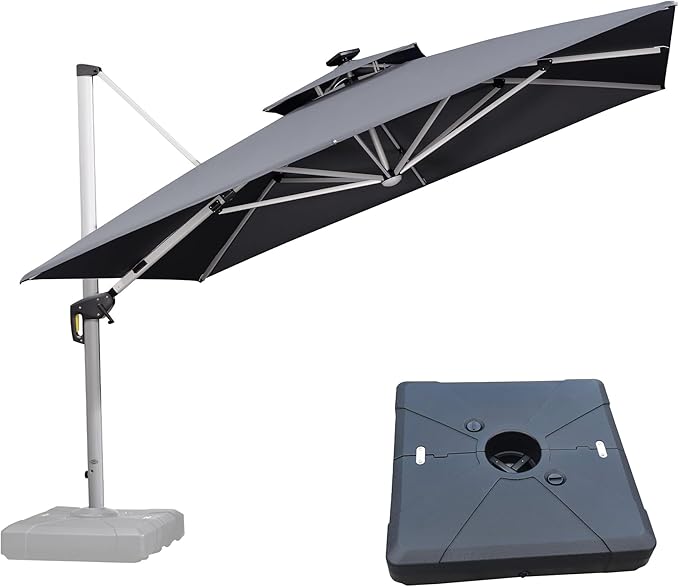 PURPLE LEAF 11 Feet Solar Powered LED Square Cantilever Umbrella With Base Patio Umbrella Windproof Hanging Umbrella Outdoor Umbrella Offset Umbrella, Grey