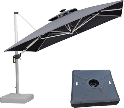PURPLE LEAF 11 Feet Solar Powered LED Square Cantilever Umbrella With Base Patio Umbrella Windproof Hanging Umbrella Outdoor Umbrella Offset Umbrella, Grey