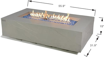 Elementi+ | Meteora Gas Fire Pit Cast Concrete 56" Rectangular Fire Table, Outdoor Fire Pit Electronic Ignition | Canvas Cover, Fire Glass and Burner Lid Included | Light Gray | Natural Gas