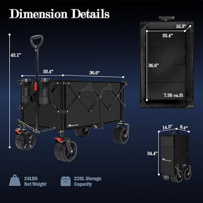 MOON LENCE Large Collapsible Foldable Wagon Cart, 220L Heavy Duty Folding Utility Wagon with All-Terrain Big Wheels, Suiitable for Garden, Grocery, Shopping, Camping, Beach, Picnics