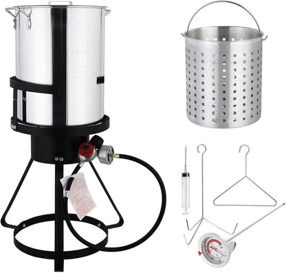 30 Qt. Aluminum Turkey Deep Fryer Pot with Injector Thermometer Kit and 54, 000 BTU Propane Stove Burner Stand for 20 Lbs Turkey, perfect for Outdoor Cooking and Frying