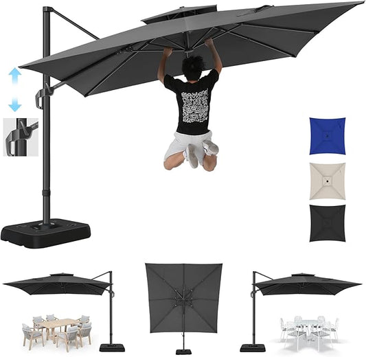 Hotime 10ft Cantilever Patio Umbrella Outdoor Heavy Duty Double Top Windproof Aluminum Offset Umbrella with 360°Rotation for Pool Garden Deck, Gray