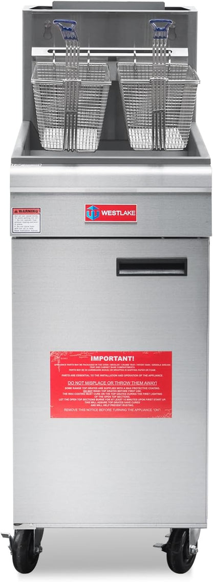 WESTLAKE Commercial Gas Deep Fryer, Stainless Steel Free Standing Floor Frye with Baskets 3 Tube 90000 BTU 40LB for Restaurants
