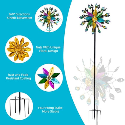 DREAMYSOUL Outdoor Kinetic Wind Spinner 360 Degree Rotate, Double-Sided Large Metal Wind Spinners for Yard and Garden, 16" Dia * 66" H Tall Wind Sculpture & Spinners