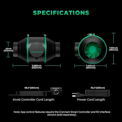 Mars Hdyro iFresh 4 Inch Smart Inline Duct Fan with Variable Speed Controller, 205 CFM App Control Ventilation Exhaust Fan for Grow Tents, Hydroponics