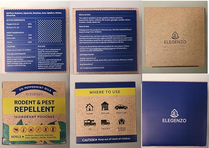 ELEGENZO Mouse Repellent Pouches with Peppermint Oil - Repels Mice, Rats, Squirrels, Roaches, Ants, Spiders, Moths (1 Count (Pack of 10))