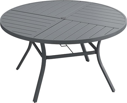 DIFY 59.8" Round Outdoor Patio Dining Table for 8-10, All-Weather Metal Steel Slatted Patio Table with 1.57" Adjustable Umbrella Hole, for Lawn Garden Porch Backyard, Grey